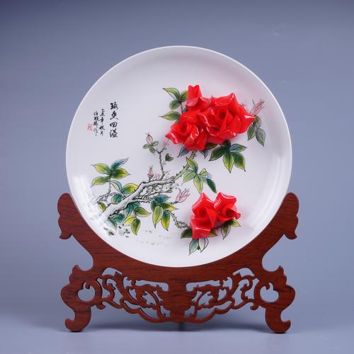 德化夫己陶瓷厂 牡丹瓷 手绘玫瑰挂盘摆件 高档商务礼品 qs14016