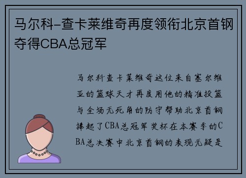 马尔科-查卡莱维奇再度领衔北京首钢夺得CBA总冠军